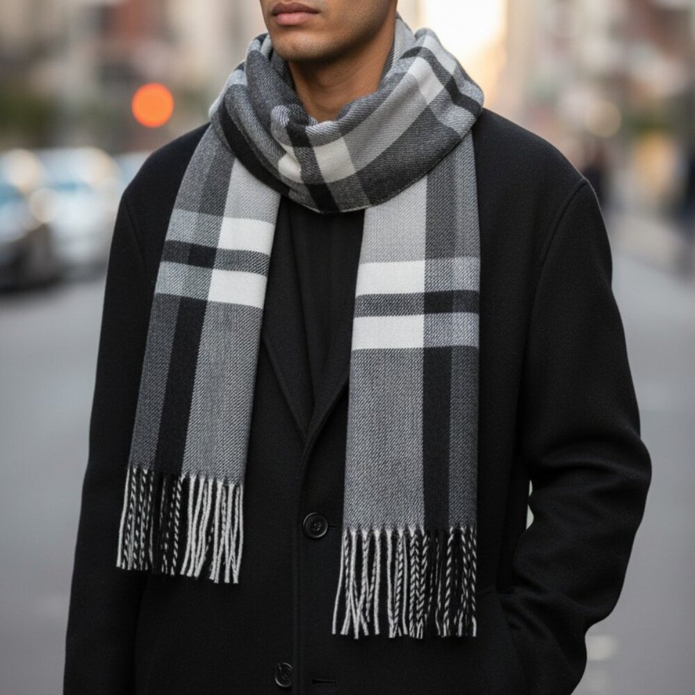 2/$30 Men's Classic Plaid Scarf Black Grey White Brushed Cashmere Feel Long